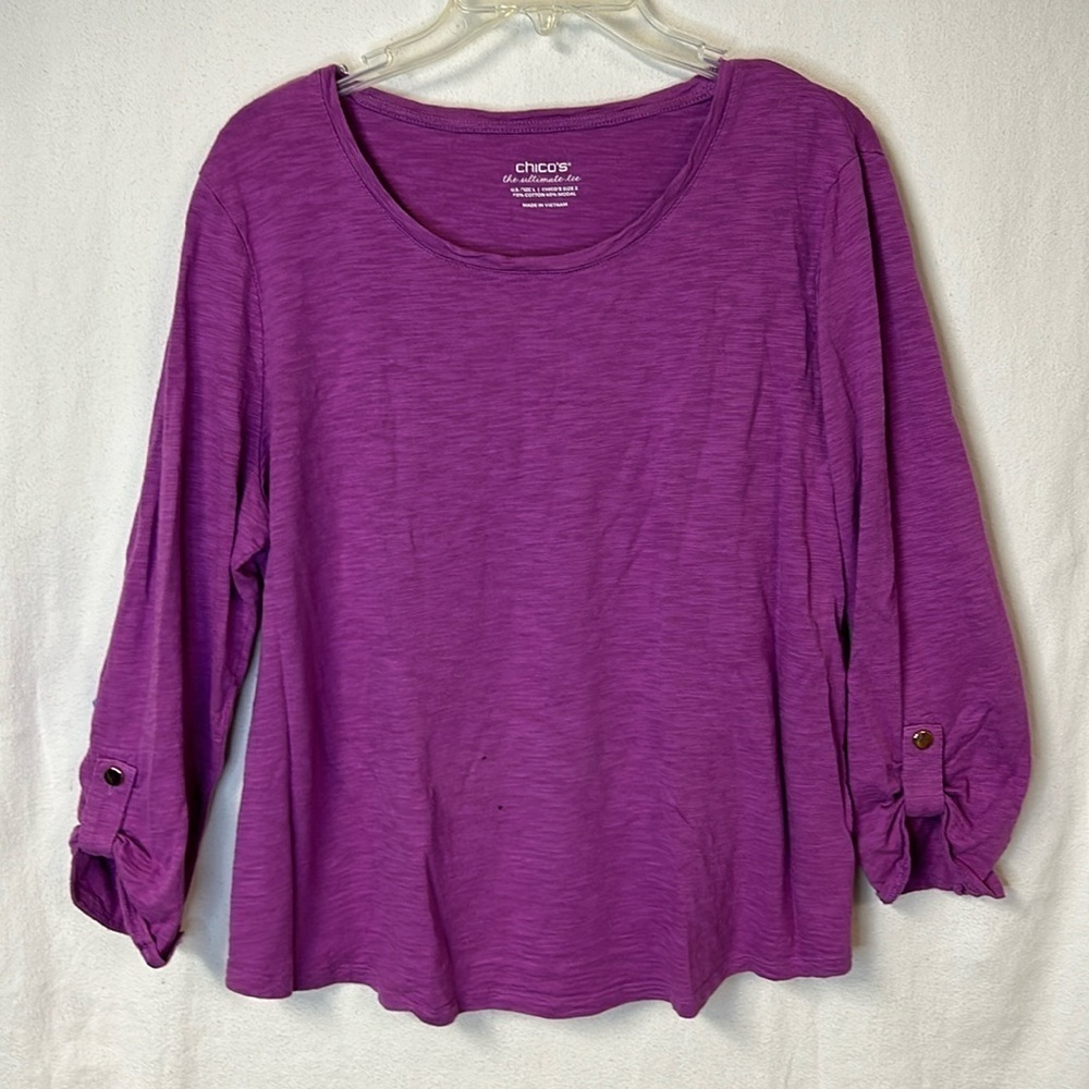 Chico’s Women’s Top Size L Fuchsia Tab Up Sleeves Cotton/Poly Blend
